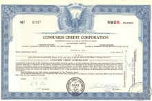 Consumer Credit Co.,сертификат на 60 акций. 1962 год.