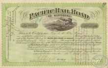 Pacific Railroad Co.Сертификат на 12 акций, $1200, 1875 год.