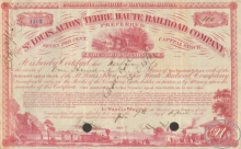 St.Louis,Alton and Terre  Haute Railroad Co. Сертификат на 100 акций. 10000$, 1865 год.