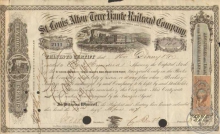 St.Louis,Alton and Terre  Haute Railroad Co. Сертификат на 100 акций. 10000$, 1867 год.
