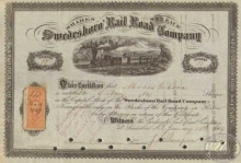 Swedesboro Railroad Co. Сертификат на 16 акций. $400, 1869 год.