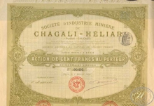 Chagali-Heliar, Industrie Minerale (Russie Caucase).Горнопромышленное АО Чагали-Хелиар. Акция в 100 франков, 1906 год.