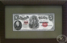Коллекционный оттиск банкноты в 5 долларов (аверс) 1907 года. Оформление в дерево, паспарту, антибликовое стекло.