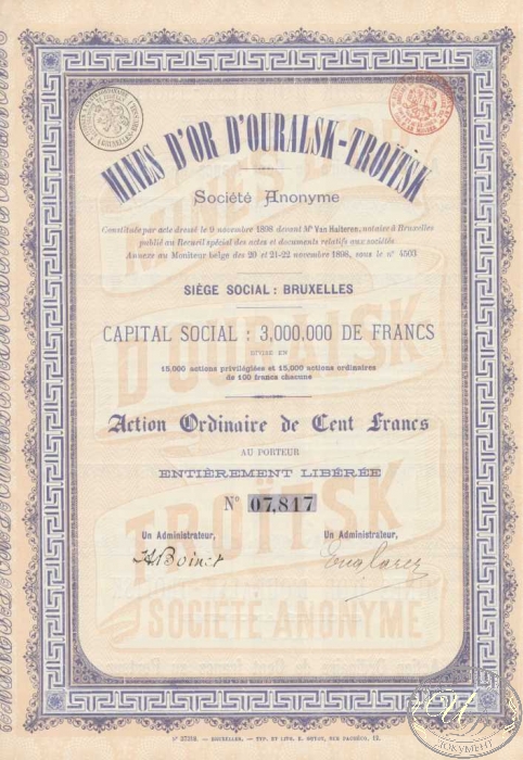Mines DOr DOuralsk-Troitsk. Акция в 100 франков, 1898 год.