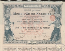 Mines Dor du Katchkar. Сертификат на 5 акций (500  франков), 1897 год.