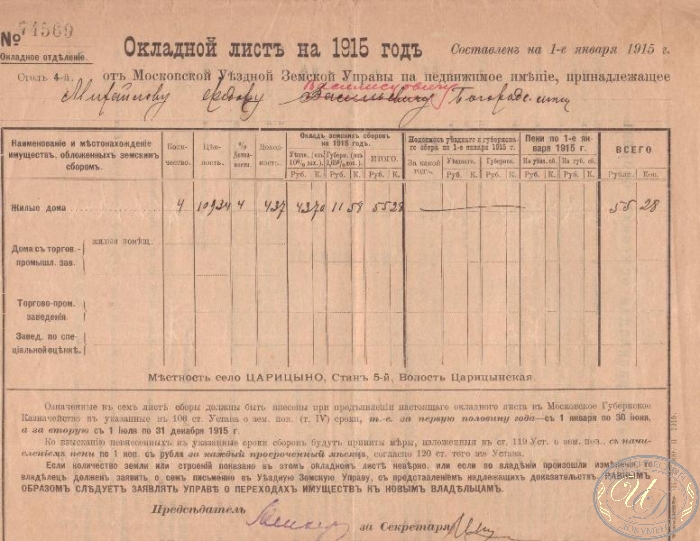 Окладной Лист Московской Уездной Земской Управы, 1915 год.