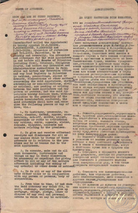 Доверенность по Наследственному делу. СССР- Палестина-Израиль, 1956 год.