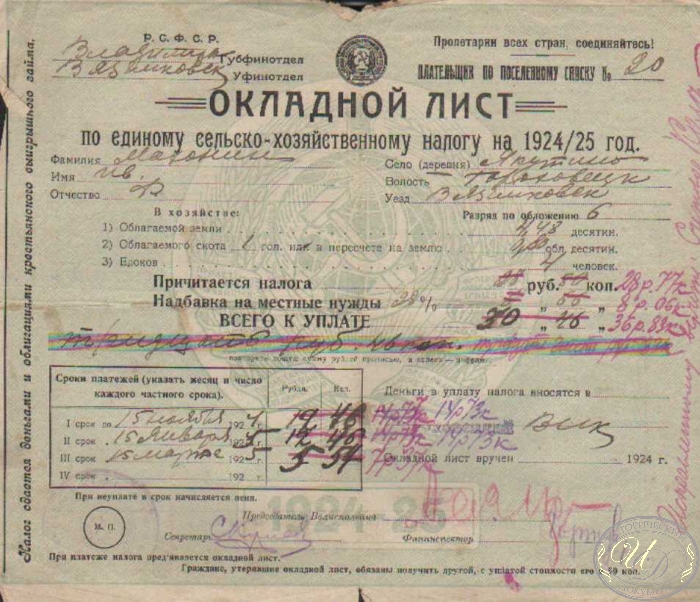 Окладной лист по единому сельско-хозяйственному налогу, 1924 год.