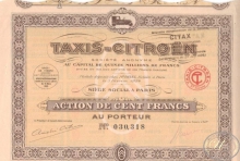 Andre Citroen Тaxis SA. Акция в 100 франков,1924 год.