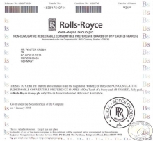 Rolls-Royce Group plc. Сертификат на 31 акцию, 2004 год.