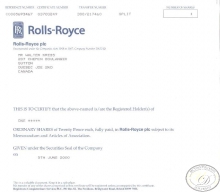 Rolls-Royce Group plc. Сертификат на 1 акцию, 2000 год.