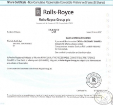 Rolls-Royce Group plc. Сертификат на 59 акций, 2007 год.