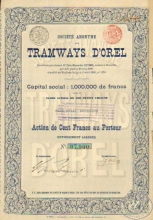 Tramways dOrel. Акция в 100 франков, 1896 год.
