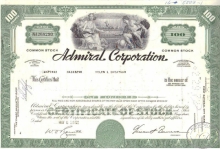 Admiral Co.,сертификат на 100 акций, 1969 год.