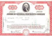 American General Insurance Co.,сертификат на 100 акций. 1970 год.