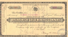 Brunswick Gold Mining Co.,сертификат на 100 акций,1889 год.