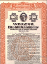 Jackson Fire Brick Co.,сертификат на $100, 1922 год.