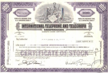 International Telephone and Telegraph Со.,сертификат на 100 акций ($2,25). 1973 год.