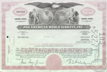 PanAm World Airways Inc., сертификат на 100 акций, 1969 год.