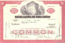 Virginia Electric and Power Co.,сертификат на 100 акций, 1970 год.