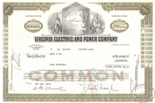 Virginia Electric and Power Co.,сертификат на 200 акций, 1974 год.