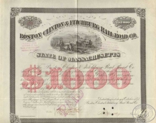 Boston Clinton and Fitchburg Railroad Co. Сертификат на $1000, 1873 год.