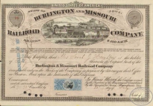 Burlington and Missouri Railroad Co. Сертификат на 50 акций. $5000, 1872 год.