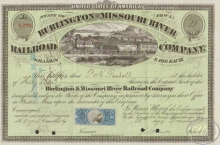 Burlington and Missouri Railroad Co. Сертификат на 33 акции. $3300, 1871 год.