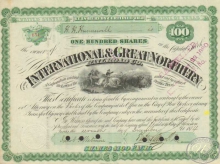 International and Great Northern Railroad Co. Сертификат на 100 акций. $10000, 1874 год.