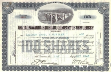 Lackawanna Railroad Co. of New Jersey. Сертификат на 100 акций, $10000, 1945 год.