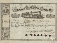 Lawrence Railroad Co. Сертификат на 33 акции, $1590, 1875 год.