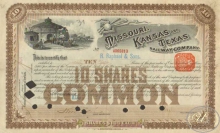Missouri, Kansas and Texas Railway Co. Cертификат на 10 акций, $1000, 1904 год.