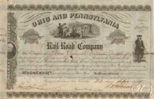 Ohio and Pennsylvania Railroad Co. Сертификат на 20 акций, $1000, 1854 год.