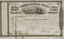 Peoria and Bureau Valley Railroad. Co. Сертификат на 1 акцию, $100, 1860 год.