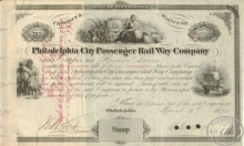 Philadelphia City Passenger Railway Co. Сертификат на 15 акций. $225, 1875 год.