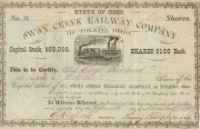 Swan Greek Railway Co. Сертификат на 8 акций, $800, 1875 год.