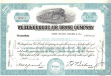 Westinghouse Air Brake Co. Сертификат на 100 акций, $1000, 1952 год.