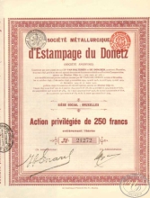 Estampage du Donetz. АО Штамповочного (чеканного) Производства Донецка. Акция привилегированная в 250 франков, 1895 год.