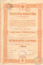 Verreries du Donetz a Santourinovka. Донецкий стекольный завод в Сантуриновке. Акция в 100 франков, 1920 год.