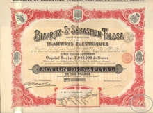 Biarritz-St.Sebastien Tolosa. Акция в 100 франков. 1910 год.