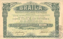 Braila Tramways. Акция в 100 франков, 1929 год.
