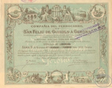 Испания. Сompania del Ferrocarril de San-Feliu de Guixols a Gerona, сертификат на 5 акций.1890 год.