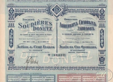 Societe des Soudieres du Donetz. Общество Донецких Содовых Заводов. Акция в 100 франков, 1913 год.