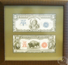 Коллекционный оттиск банкнот в 5 и 10 долларов (аверс) 1899 года. Оформление в дерево, паспарту, антибликовое стекло.