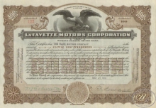 La Fayette Motors Corporation.  Свидетельство на 100 акций, 1923 год.