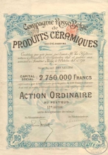 Campaigne Russo-Belge de Produits Ceramiques SA. Русско-Бельгийское АО Керамических продуктов. Акция в 250 франков, 1898 год.