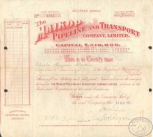 The Maikop Pipeline and Transport Co,Ltd. Сертификат на акции, 1911 год.