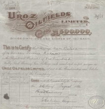 Uroz Oilfields Ltd. Сертификат на 100 акций, 1922 год.