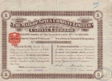 Тhe Maikop Spies Company Ltd.Сертификат на 5 акций, 1911 год.